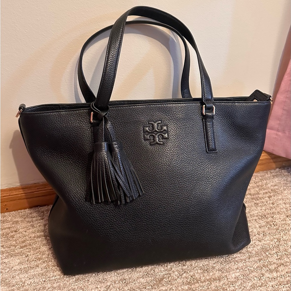 Tory Burch Black Pebbled Leather Tote with Tassel Accent